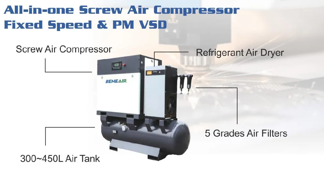 7~16bar Four-in-One 10~30HP Rotary Screw Air Compressors with Refrigerant Air Dryer/Air Receiver Tank/Line Air Filters